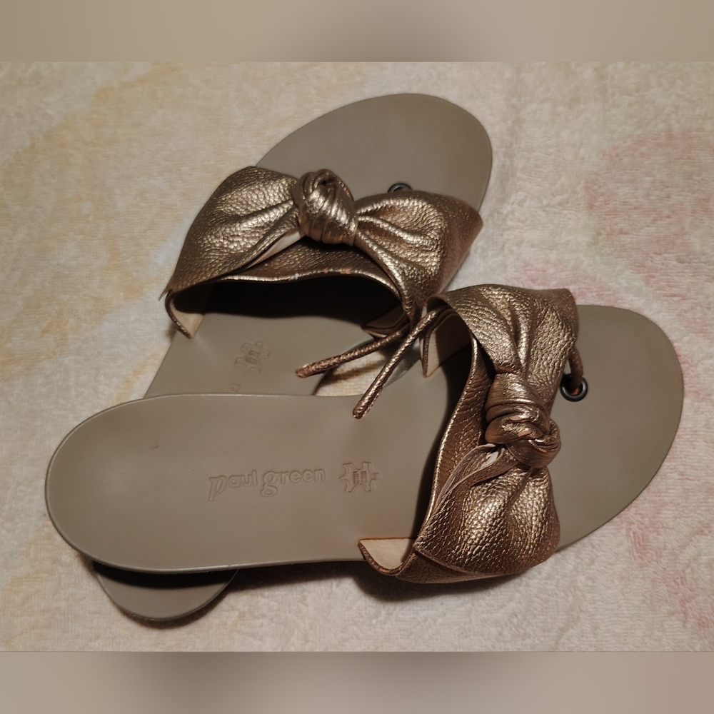Paul Green Gold Slide Sandals with Bow